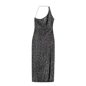 Women Sexy Sequin One Shoulder Midi Dress Elegant Asymmetrical Split Banquet Party Evening Gown With Chain Strap Black