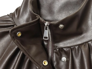 Detail of deep brown leather bomber jacket featuring high-collar and metal zipper