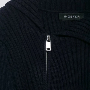 Women's navy blue ribbed knit cardigan with half-zipper collar and silver metal zipper