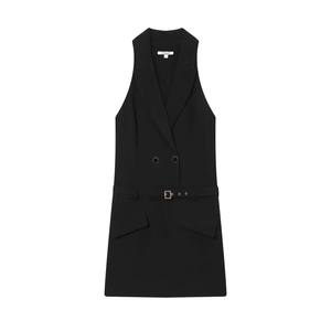 Women Sleeveless Blazer Dress Double Breasted Lapel Mini Dress With Belt Elegant Solid Color Office Commuting Vest Dress