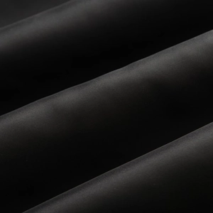 Close-up of black synthetic fabric texture showing weave detail and matte finish of the coat