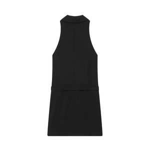 Back view of black sleeveless halter blazer dress with notched lapels and matching belt