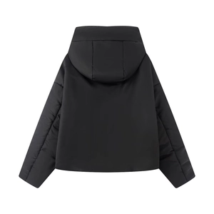Back view of black hooded puffer jacket with quilted padding and short loose silhouette