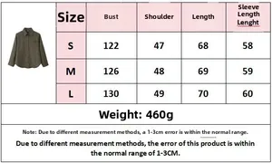 Detailed size chart for olive green plaid long sleeve shirt with bust and shoulder metrics