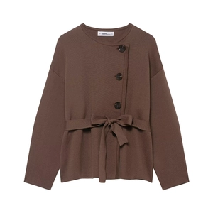 Brown knitted short cardigan coat with side buttons and matching waist belt for women
