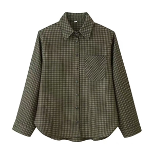 Women Plaid Long Sleeve Flannel Shirt Casual Button Down Blouse With Pocket Shoulder Pads Lapel Collar Autumn Top Outerwear