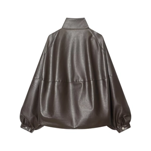 Deep brown faux leather oversized bomber jacket for women showing the detailed back silhouette