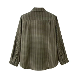 Women's padded shoulder plaid shirt jacket in olive green and brown long sleeve style
