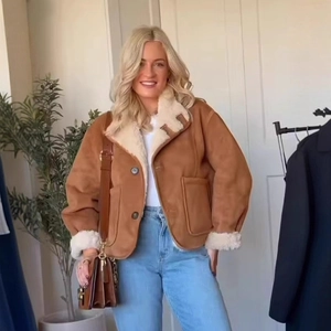 Chic brown reversible shearling jacket with faux suede and cream wool lining