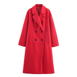 Classic red wool blend coat for women featuring a double-breasted design and notched lapels