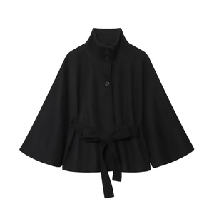 Women's black cape coat with high collar and waist belt in minimalist A-line silhouette