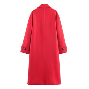 Back view of long red wool blend coat featuring dropped shoulders and buttoned cuffs