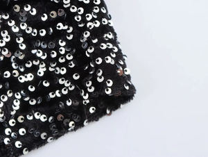 Close-up of black faux fur dress featuring dense silver sequins and reflective textures