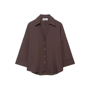 Camicia ampia da donna color marrone scuro con scollo a V e maniche lunghe chic
