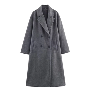 Classic loose double-breasted charcoal wool blend coat for women with a wide lapel collar