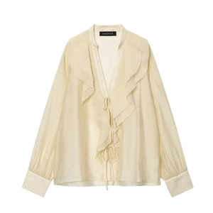 Elegant Ruffle V-Neck Satin Texture Blouse Long Sleeve Tie Front Solid Color Loose Fit Casual Commuter Tops For Women