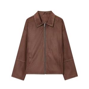 Giacca in Finta Pelle Scamosciata Retrò da Donna Cuciture a Contrasto Revers Cerniera in Metallo Casual Manica Lunga Marrone Scuro