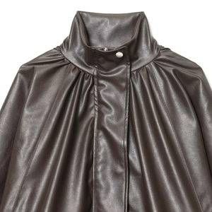 Dark brown leather aviator jacket with a high neck collar and fold detail for women