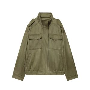 Olive green faux suede bomber jacket with utility pockets and standing collar style