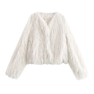 Veste Courte en Fausse Fourrure Élégante Femme Luxe Blanc Longue Frange Plume Manteau Streetwear Fête Vêtements d'Extérieur