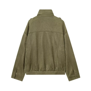 Back view of olive green faux suede jacket showing seam lines and elastic hem