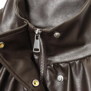 Deep brown faux leather bomber jacket with stand collar and silver metal zipper detail