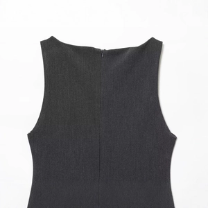 Robe sans manches gris foncé avec fermeture éclair invisible et tissu tissé texturé