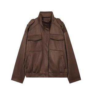 Dark brown faux suede bomber jacket with standing collar and front flap pockets