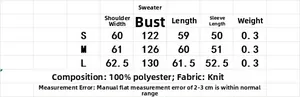 Size chart for striped knit sweater showing measurements for S, M, and L in centimeters