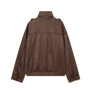 Back view detail of brown faux suede bomber jacket with shoulder epaulets and ribbed hem
