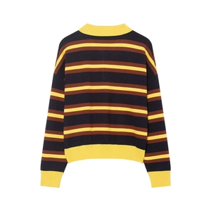 Striped polo neck knit sweater with yellow ribbed cuffs and hem, back view display