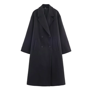 Detail view of black wool blend coat with double-breasted buttons and classic notched lapels
