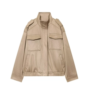 Khaki faux suede casual jacket with stand collar, shoulder straps and utility pockets
