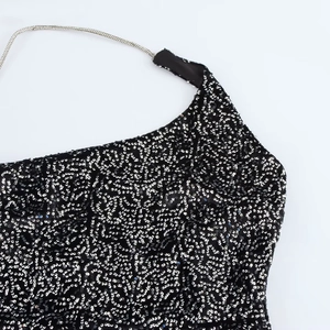 Elegant black asymmetric dress with silver sequins and metallic chain straps for parties