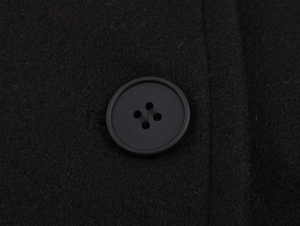 Macro shot of matte black button and thick wool blend fabric texture on the coat