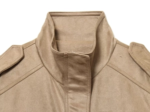 Close-up of brown faux suede jacket collar with epaulets and refined stitching details