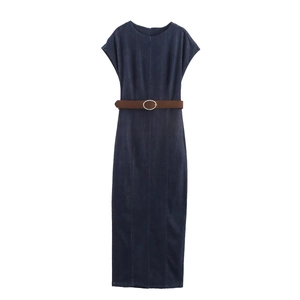 Robe Maxi en Jean Élégante pour Femmes Sans Manches Col Rond Coupe Ajustée Ligne A Avec Ceinture Vintage Bleu Foncé