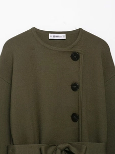 Detail of dark green knit coat showing black buttons and neckline label