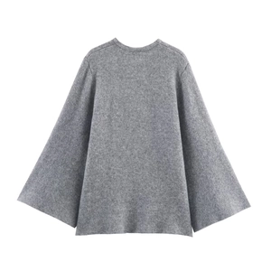 Women's chic grey knitted poncho coat with stylish flared sleeves and A-line silhouette