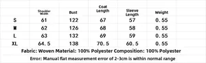 Size chart for women's hooded jacket including shoulder, bust, and length in S to XL