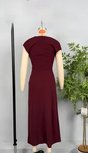 Detailed back view of a slim-fit burgundy maxi dress with cap sleeves and draped fabric