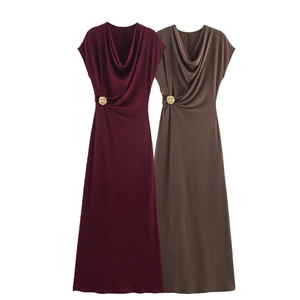 Elegant sleeveless satin maxi dress with cowl neck and golden rose buckle in burgundy and brown