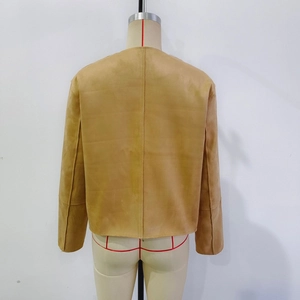 Back view of a camel faux suede bomber jacket with clean seam lines and minimalist design