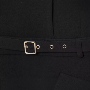 Chic black mini blazer dress featuring a waist belt with a rectangular gold buckle
