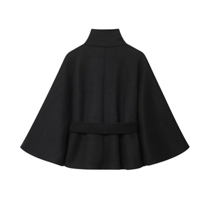 Back view of a black wool poncho coat with a high collar and decorative back strap