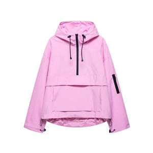 Pink hooded half-zip windbreaker jacket with front utility pocket and adjustable drawstrings