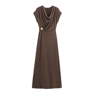 Elegant chocolate brown sleeveless maxi dress with draped cowl neck and gold floral buckle