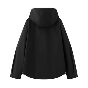 Rear view of minimalist black hooded jacket featuring windproof fabric and curved hemline