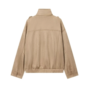 Rear view of light khaki suede jacket showing back seams and elasticated hem details