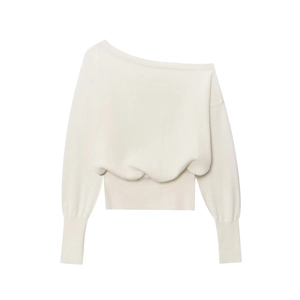Pull en maille blanc cassé à épaules dénudées avec manches bouffantes et poignets côtelés